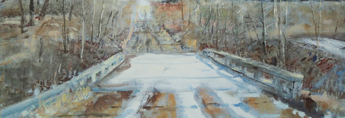 oil painting of wooded road and bridge